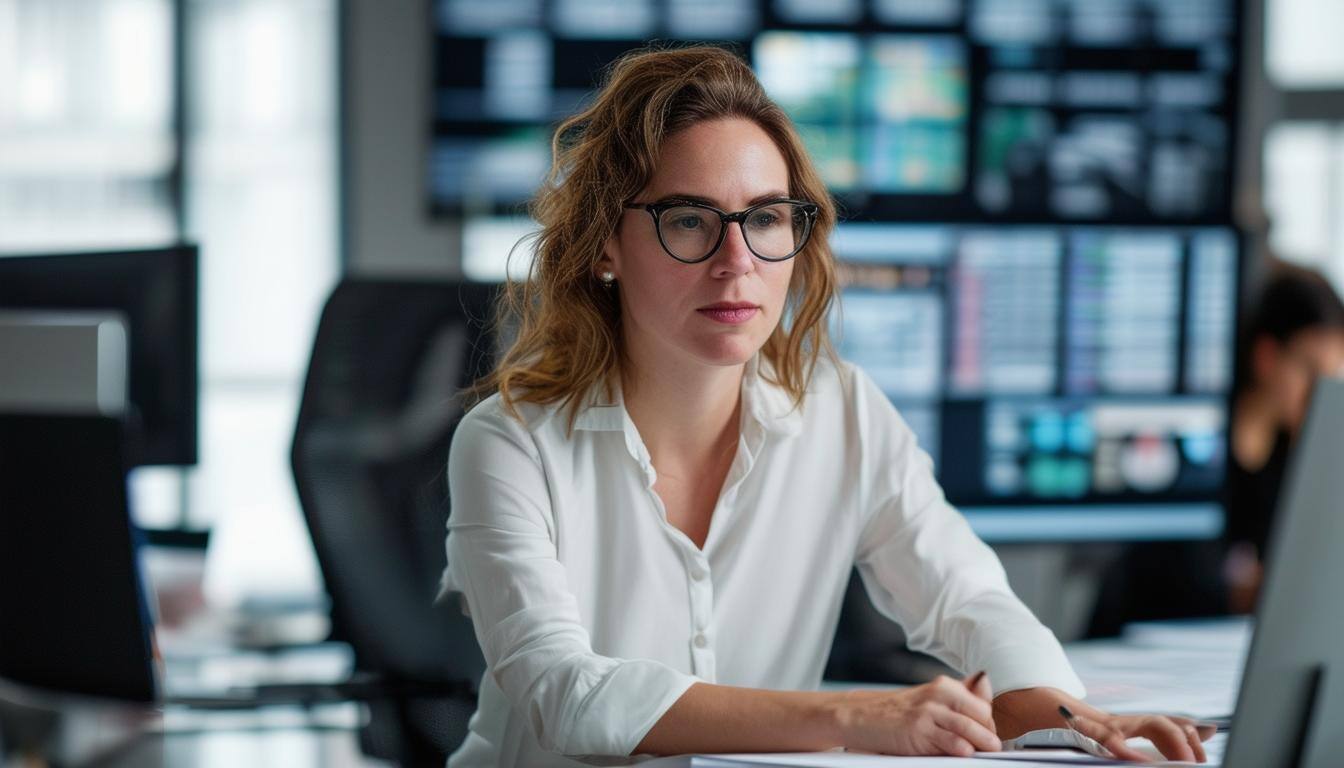 A female editorial leader working with a modern newsroom systems