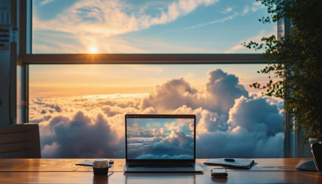 Clouds on the horizon and a laptop in a newsroom