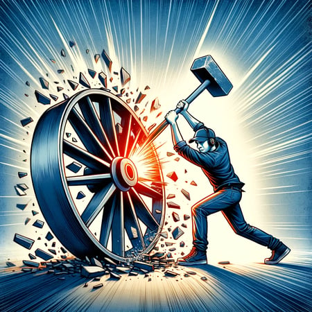 DALL·E 2024-02-08 14.27.57 - A compelling illustration that captures a television director decisively breaking a large, metaphorical wheel with a sledgehammer. This image vividly 