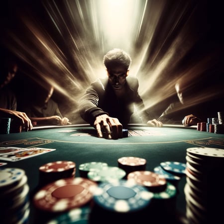 DALL·E 2024-04-29 13.30.18 - A dramatic scene at a poker table featuring a blurry figure of a person, symbolizing intense action and focus. The person, gender ambiguous, is captur