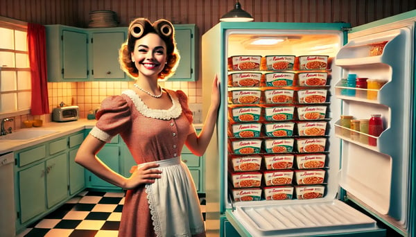 DALL·E 2024-11-04 00.37.40 - A 1950s housewife with a cheerful smile, dressed in a vintage dress with an apron, stands proudly next to an open refrigerator-freezer filled with sta