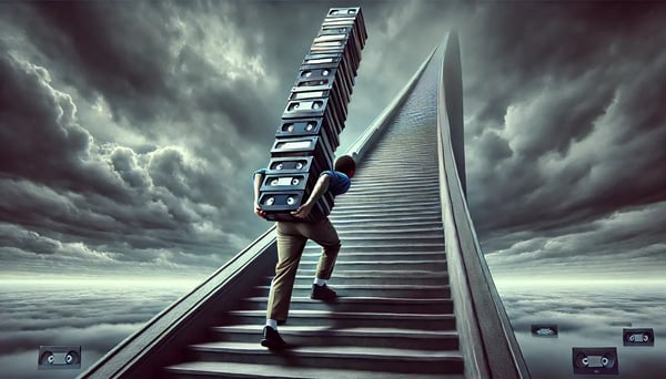 DALL·E 2024-11-17 22.04.43 - A dramatic depiction of a video editor climbing a long, steep staircase, struggling under the weight of a teetering tower of video tapes balanced on t